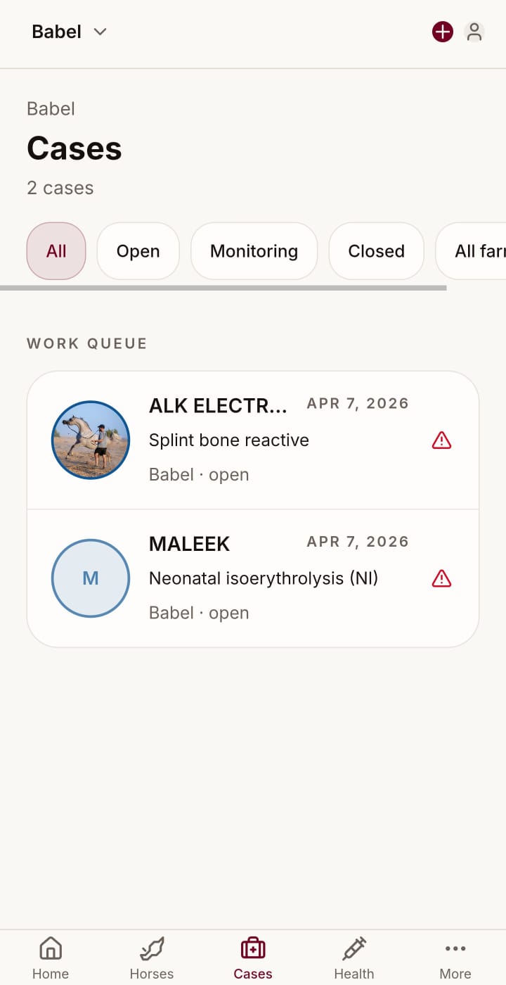 YaWaho cases list showing open horse health cases
