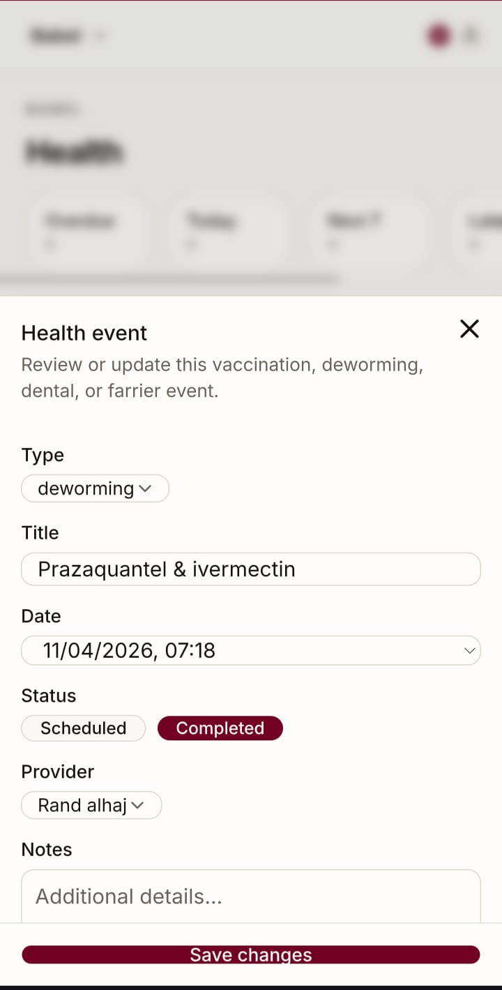 YaWaho health event editor for deworming and provider notes