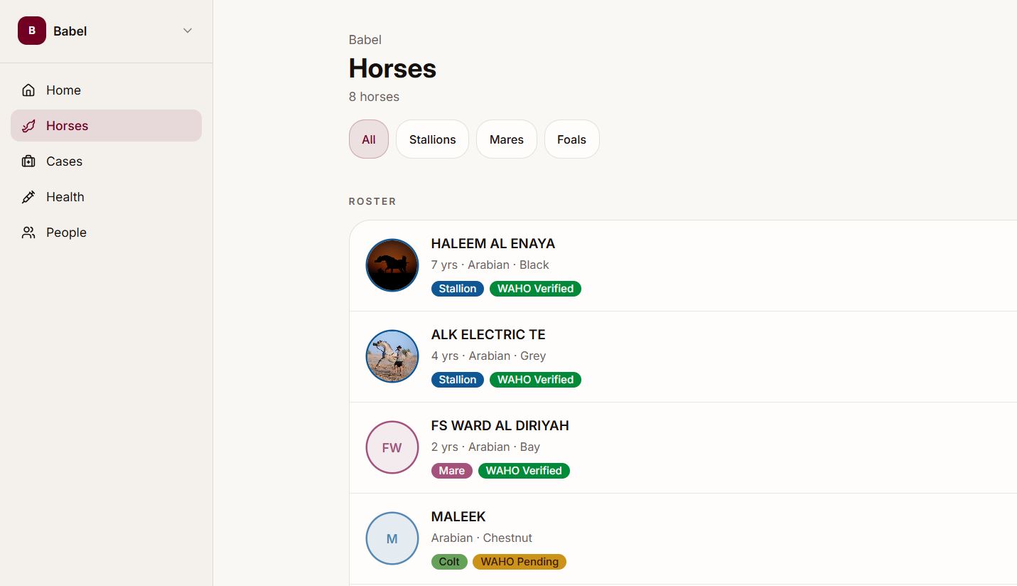 YaWaho desktop horse roster with stable navigation