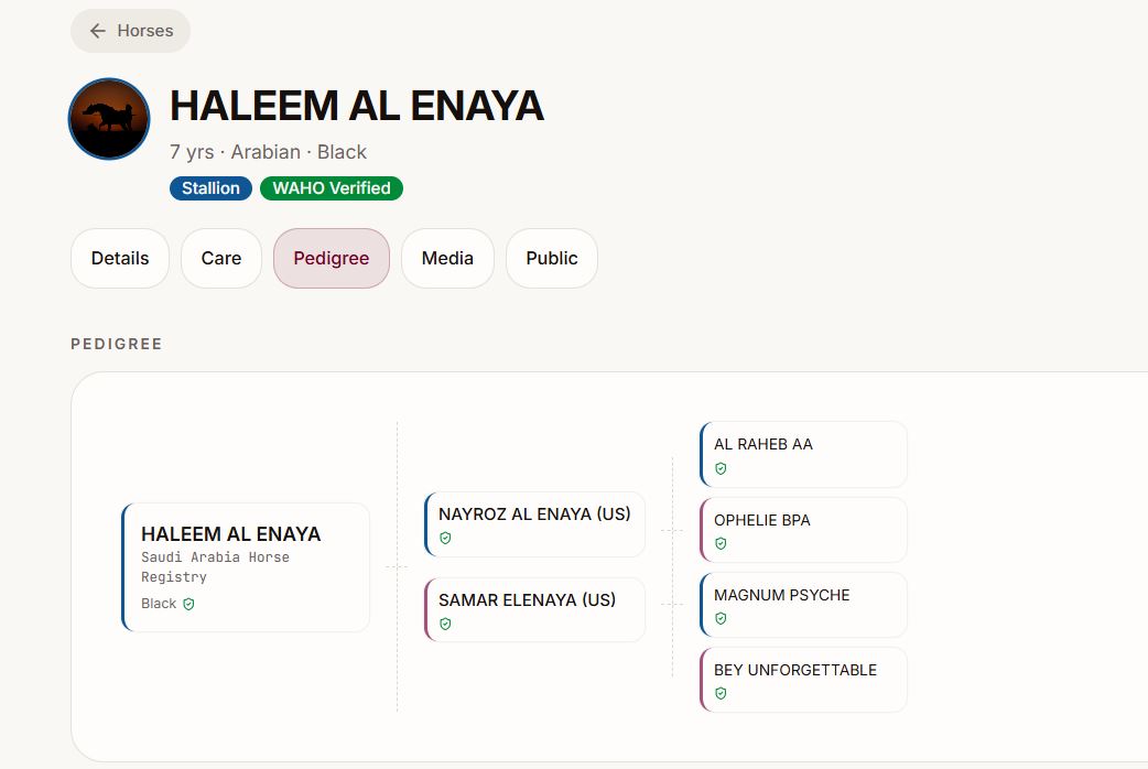 YaWaho desktop pedigree tree for Haleem Al Enaya